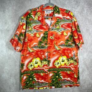 Vintage Ho Aloha Camp Shirt Men L Orange Floral Hawaiian Tropical Beach Vacation